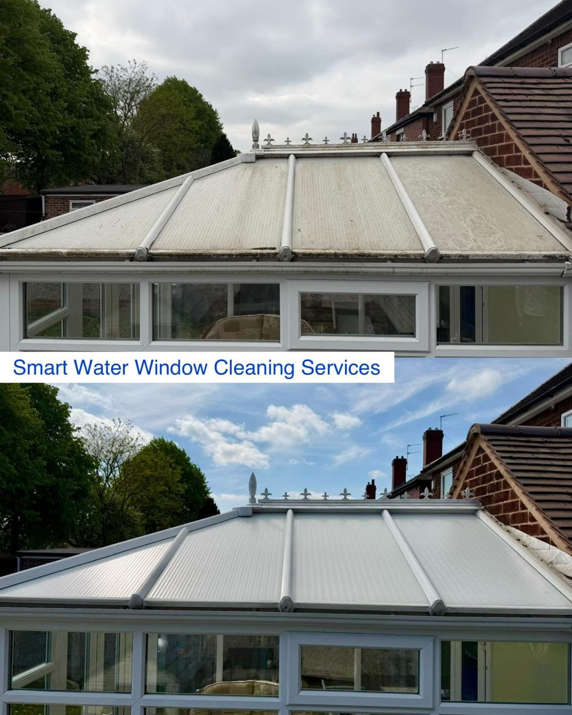 The same conservatory roof before and after a soft wash: green and grimed panels, then clean white ones.