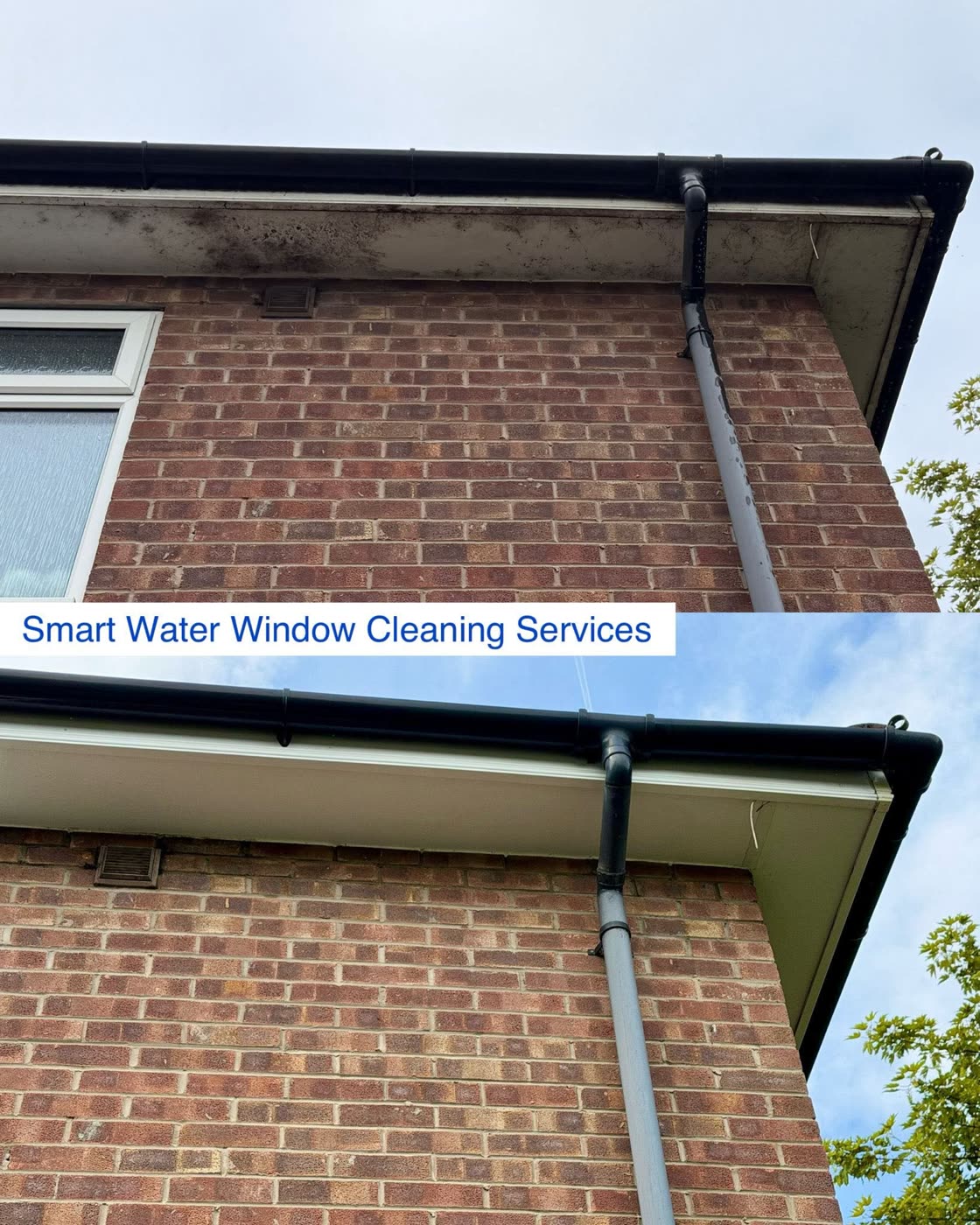 The same fascia and soffit before and after cleaning: black streaked and algae stained, then back to white.