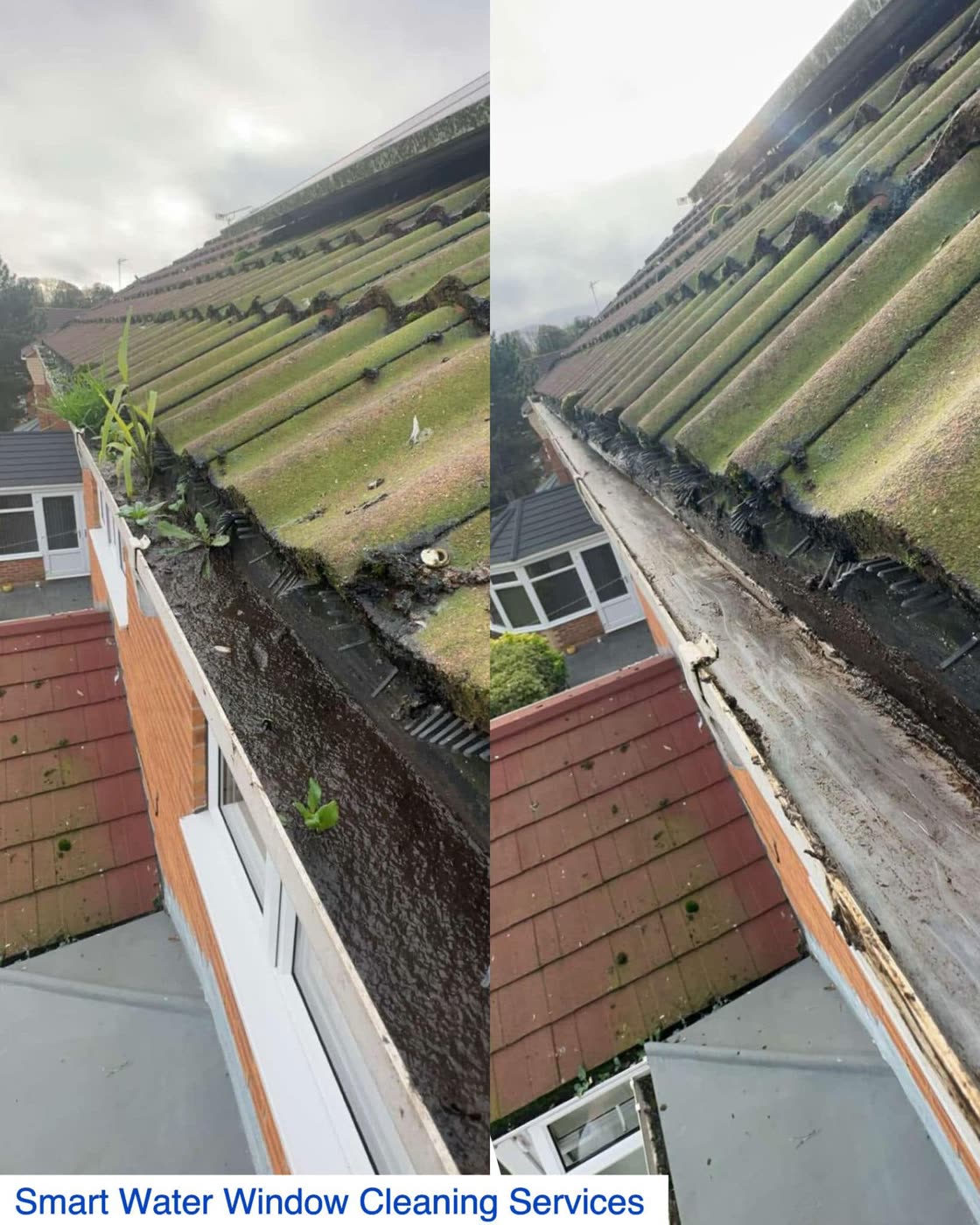 The same gutter before and after clearing: blocked and overgrown with weeds, then emptied and running clear.