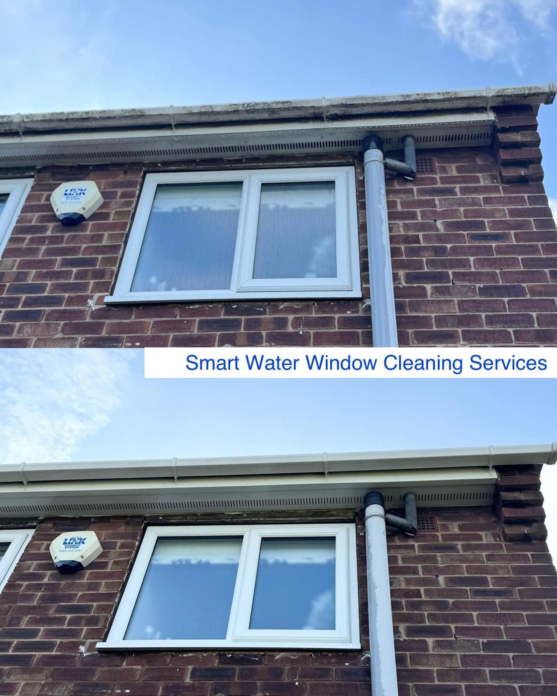 The same upstairs window before and after cleaning: dulled glass and a weathered frame, then clear glass and a white frame.